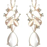 Navachi 18k Gold Plated Crystal White Created-Opal Movable Water Drop Ear Stud Earrings