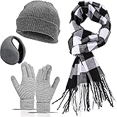 Scarf and Gloves Set - Knitted Winter Warmer Set, Winter Gloves Plaid Scarf Beanie Hat Ear Muffs for Men Women Running
