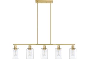 Doraimy Lighting Industrial Farmhouse 5 Light Gold Kitchen Island Light 4.5" Clear Glass Adjustable Cord Brushed Bronze Finish for Restaurant Over Sink Bar Pool Table