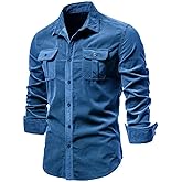 yoeasy Men Long Sleeve Ribbed Corduroy Button Down Shirt Cotton Stretch Casual Fall Tops Slim Fit Shirts
