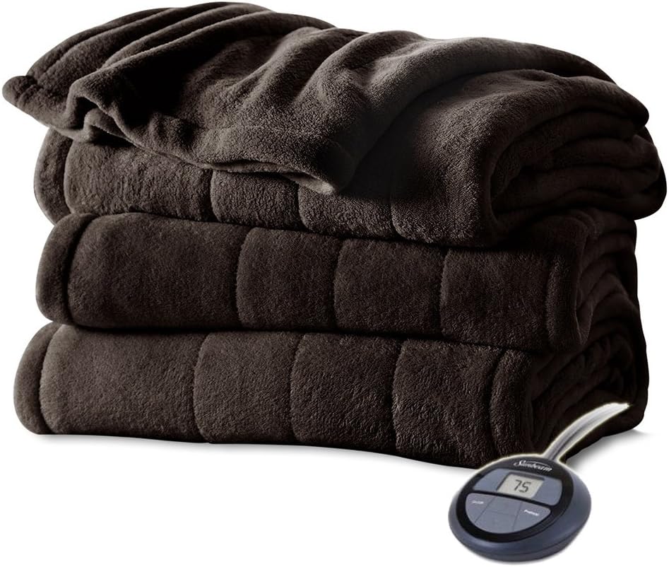 Sunbeam Channeled Microplush Heated Electric Blanket Full Walnut