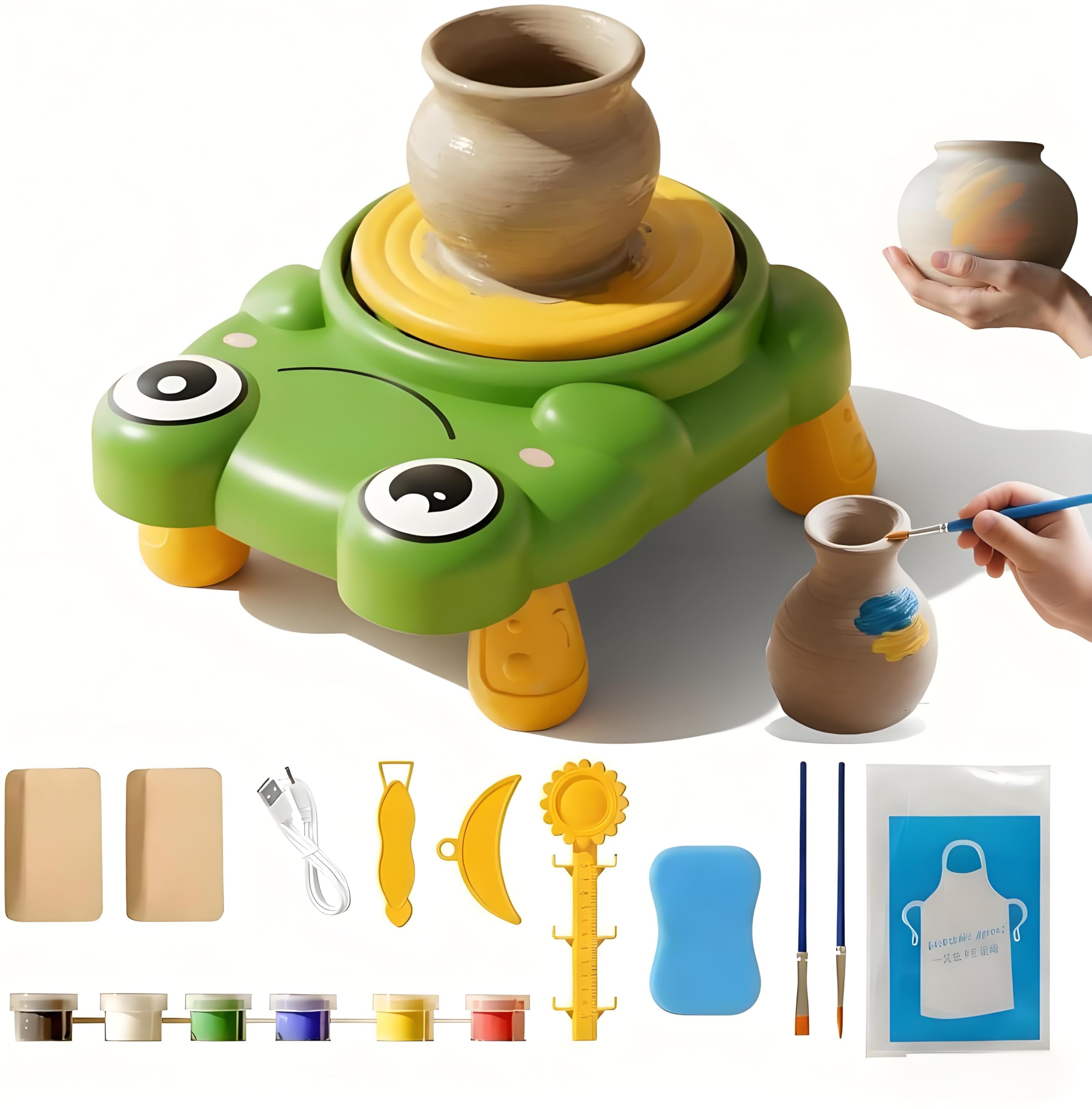 Makdly Pottery Wheel for Kids, Complete Pottery Painting Kit for Children, 2000RPM Adjustable Speed Mini Pottery Wheel with Shaping Tools for Pottery DIY, Pottery Teaching, Children and Beginner