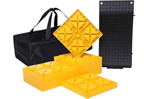 Homeon Wheels RV Leveling Blocks One Top Tire Wheel Chock and 9 Pack Interlocking Leveling Blocks with Carrying Bag Heavy Duty Camper Leveling Blocks and Chocks Anti-Slip Pads Design Yellow Black