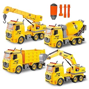 Toy To Enjoy 4-in-1 STEM Learning Construction Truck Toy – Builds Dump Truck, Cement Mixer, Excavator & Crane for Kids Ages 7 in Up