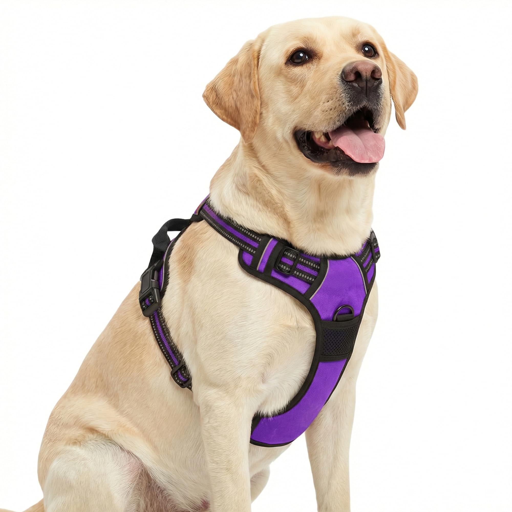 Funfox Dog Harness Large Dog, 2 Clips No Pull Vest Harness Handle Control, Adjustable Pet Harness with Reflective Strips Outdoor Traction Specialized Chest Harness Safe Walking Dog, Purple, XL