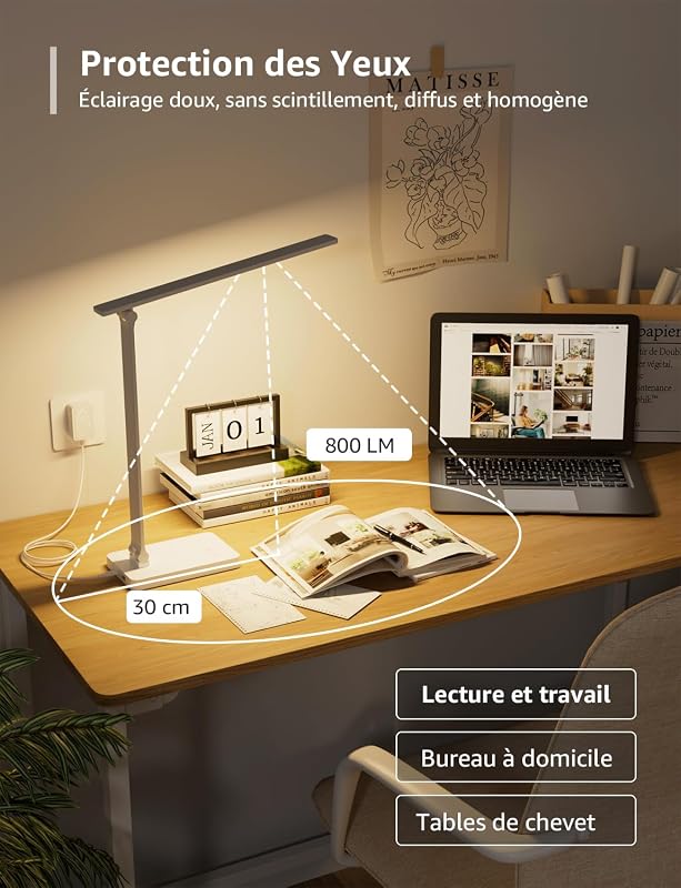 Lampe de Bureau 800lm 5 Modes Couleur 5 Niveaux Dimmable Blanc
