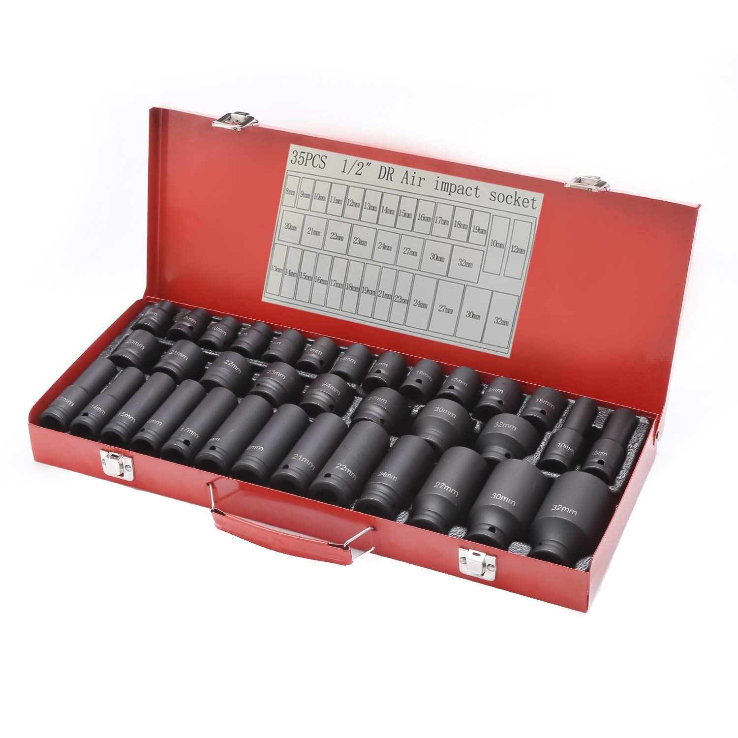 KATSU 35PCs Impact Socket Set 1/2 Inch 8-32mm Metric Heavy Duty Deep Impact Socket Toolkit Chrome Moly Steel Automotive Repairing Tool 420445