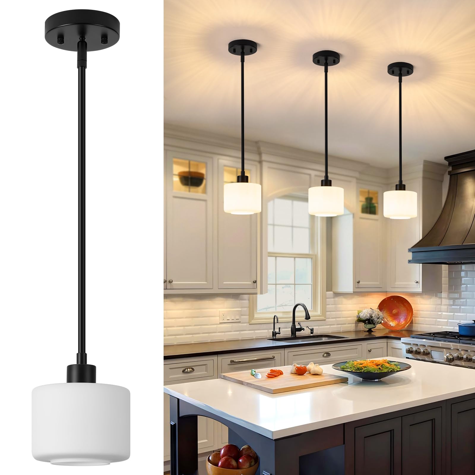 Photo 1 of Osimir Milk Glass Pendant Lights Kitchen Island, 1-Light Modern Black Hanging Light Fixtures with Rods, Mini Kitchen Pendant Lighting Over Island for Sink Bathroom, OS-YQ8153-1PBK