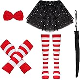 Gvhntk 5 Pack Cosplay Cat Costume Accessories Set with Red White Striped Gloves Socks Bow Tie Tulle Tutus Black Long Tail