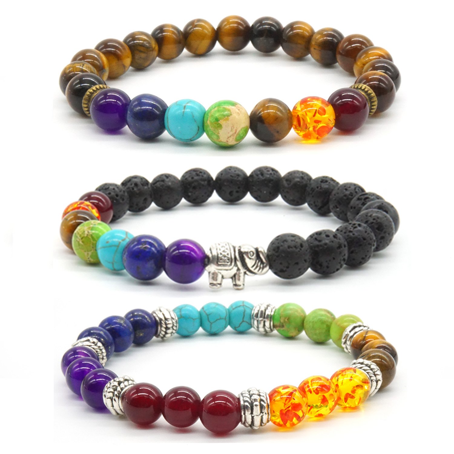 3Pcs Rainbow Stone Bracelet for Men Women Healing Energy Balancing Elastic Bracelet