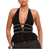 Floerns Women's Y2k Deep V Neck Halter Top Cut Out Tie Backless Peplum Going Out Tank Tops