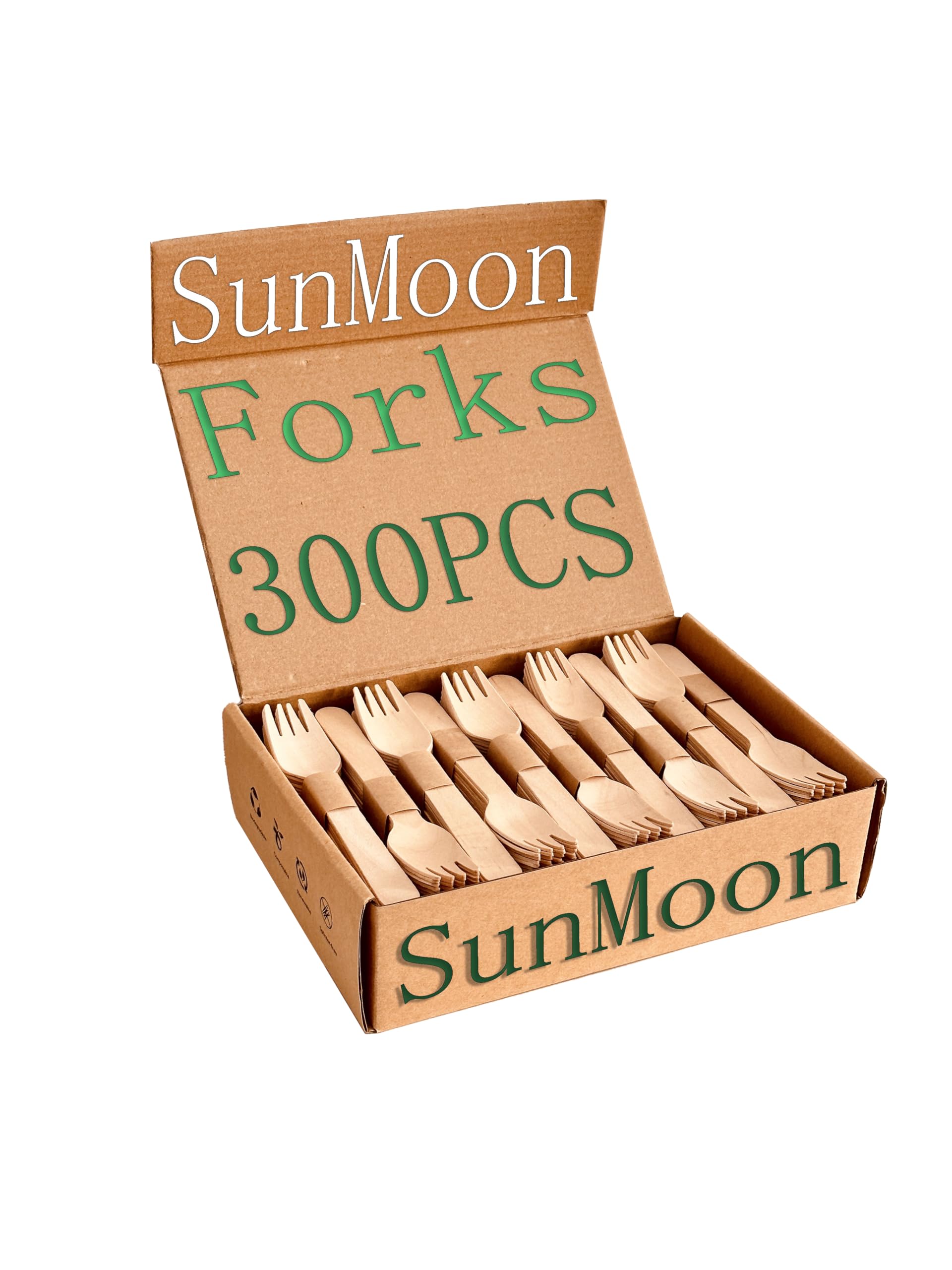 SunMoon Eco Friendly 300 Pack Wooden Forks Disposable, 16cm Long, Plastic Free Packaging，Substitute for Plastic and Bamboo Forks, Disposable for Parties, Camping, Weddings, Garden
