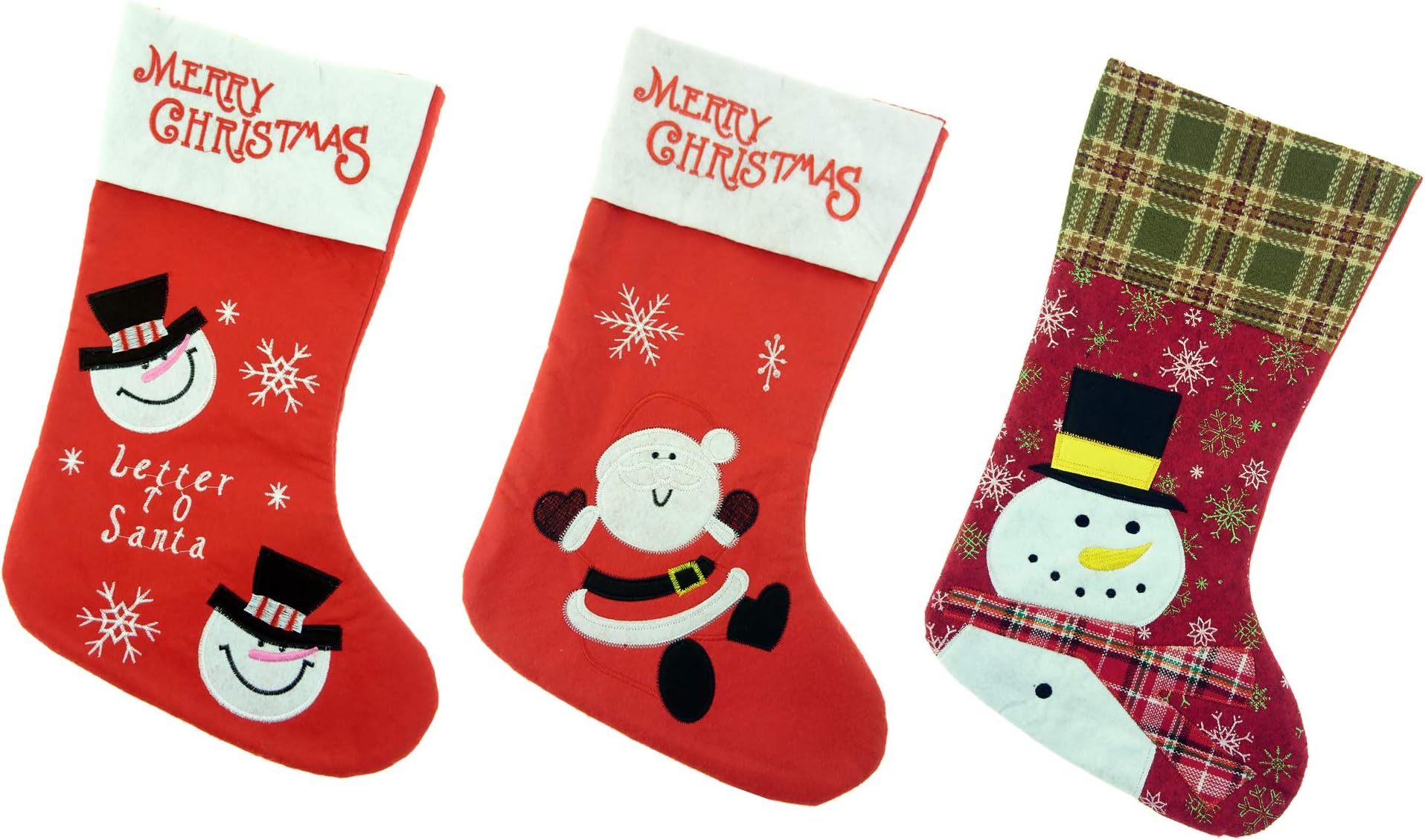 3 Pieces Christmas Stockings Hanging, 18" Classic Santa, Snowman Christmas Socks Decoration for Tree Hanging, Fireplace, Family Holiday and Party