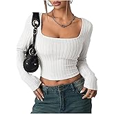 SweatyRocks Women's Ribbed T Shirts Square Neck Long Sleeve Slim Fitted Casual Basic Crop Top
