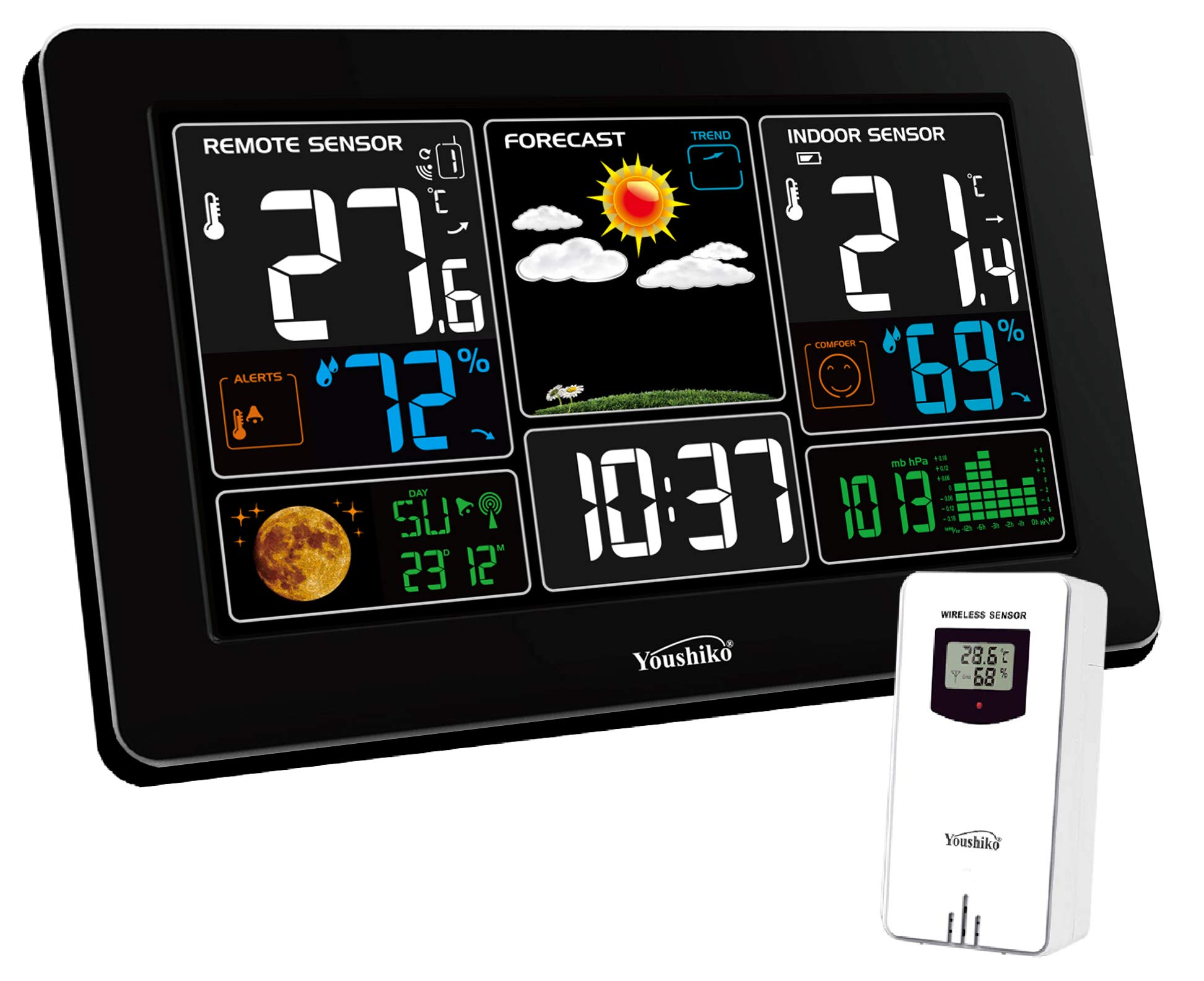 Youshiko YC9441 (Official 2026 UK Version) Wireless Weather Station, Radio Controlled Clock, Indoor Outdoor Temperature Thermometer, Humidity, Barometric Pressure, weather forecast