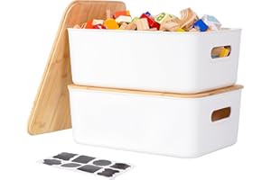 ITYLIFE CITYLIFE Citylife 2 PCS Storage Bins with Bamboo Lids Plastic Storage Containers for Organizing Stackable Storage Box with Handle, 15.16 x 10.79 x 5.83 inch