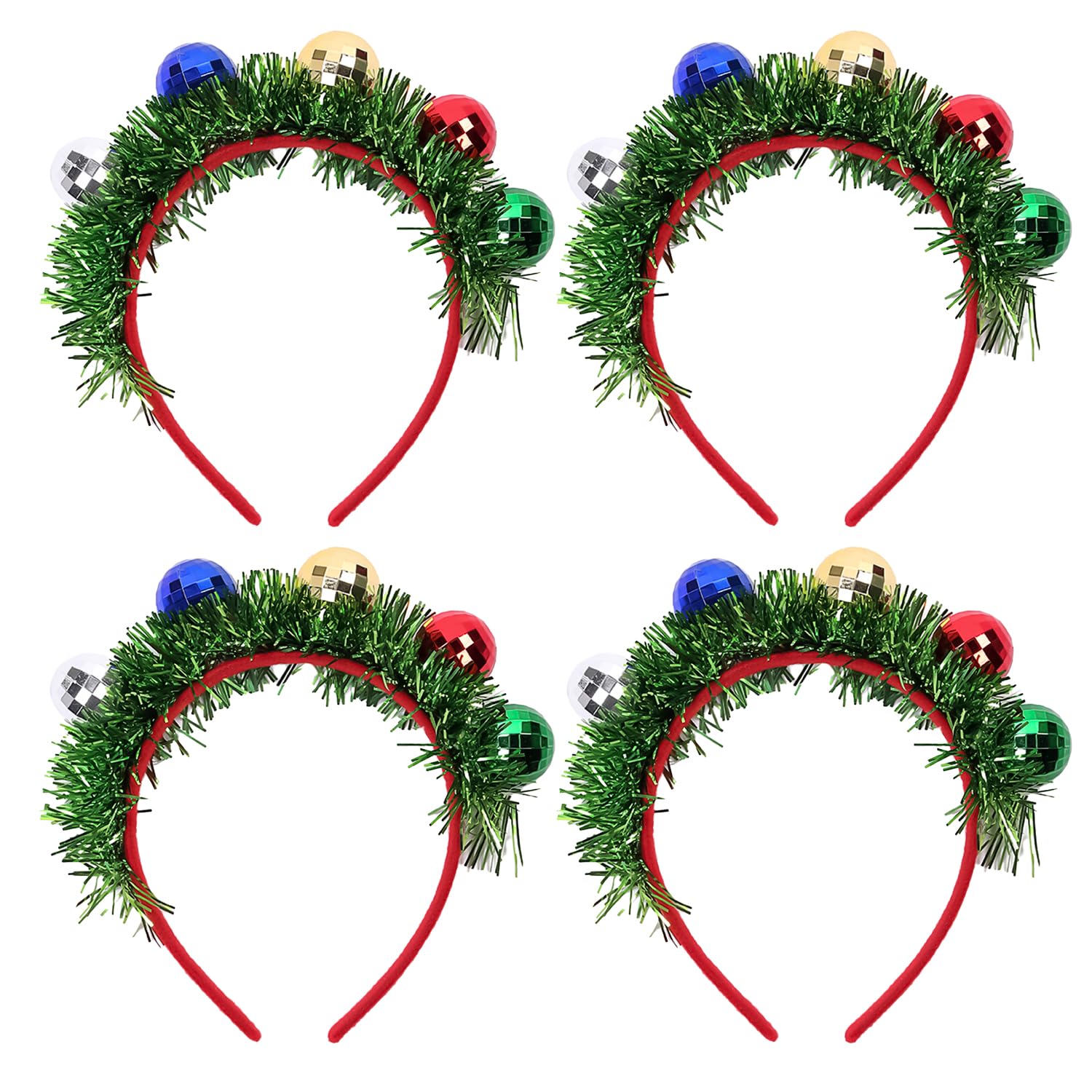 Lezevn 4pcs Christmas Hair Hoop Headband with Ribbons Xmas Colorful Baubles Tassel for Parties, Seasonal Gatherings