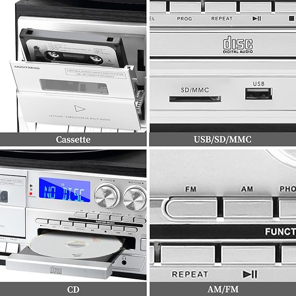 MUSITREND 10 IN 1 RECORD PLAYER WITH EXTERNAL SPEAKERS, 3 SPEEDTURNTABLE WITH AM/FM RADIO, CD & CASSETTE PLAYER, BLUETOOTH, USB/SD PLAYBACK, REMOTE CONTROL, BLACK