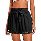 Dokotoo Womens Shorts Summer Casual Loose Elastic Waist Drawstring Lace Boho Beach Cover Up Shorts