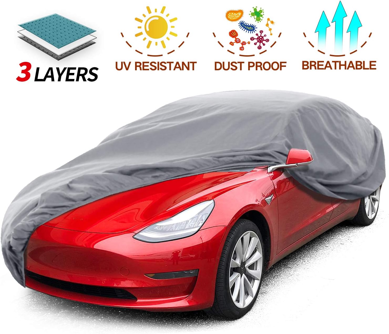 Leadpro Car Cover, 3 Layer Weather Defender UV Protection Scratch Resistant Dustproof, Universal Size Sedan Auto Vehicle Cover for Car Length 200"