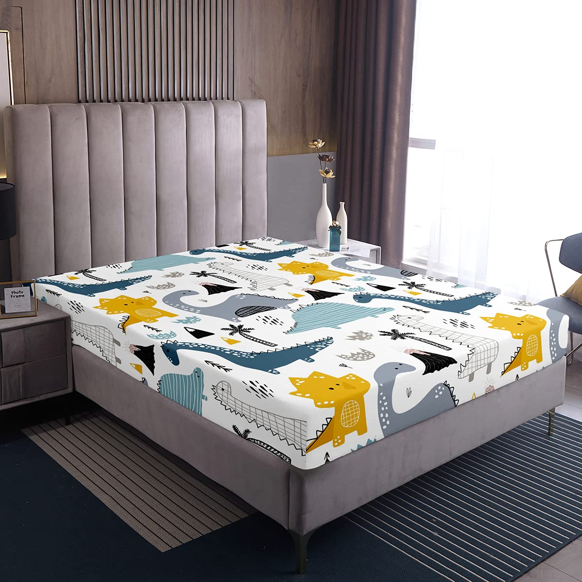 Loussiesd Luxury Dinosaur Fitted Sheet 100% Microfiber Breathable Cartoon Dinosaur Printed Only Bedsheet No Pillowcases Fitted Sheets Double(135x200+30cm)