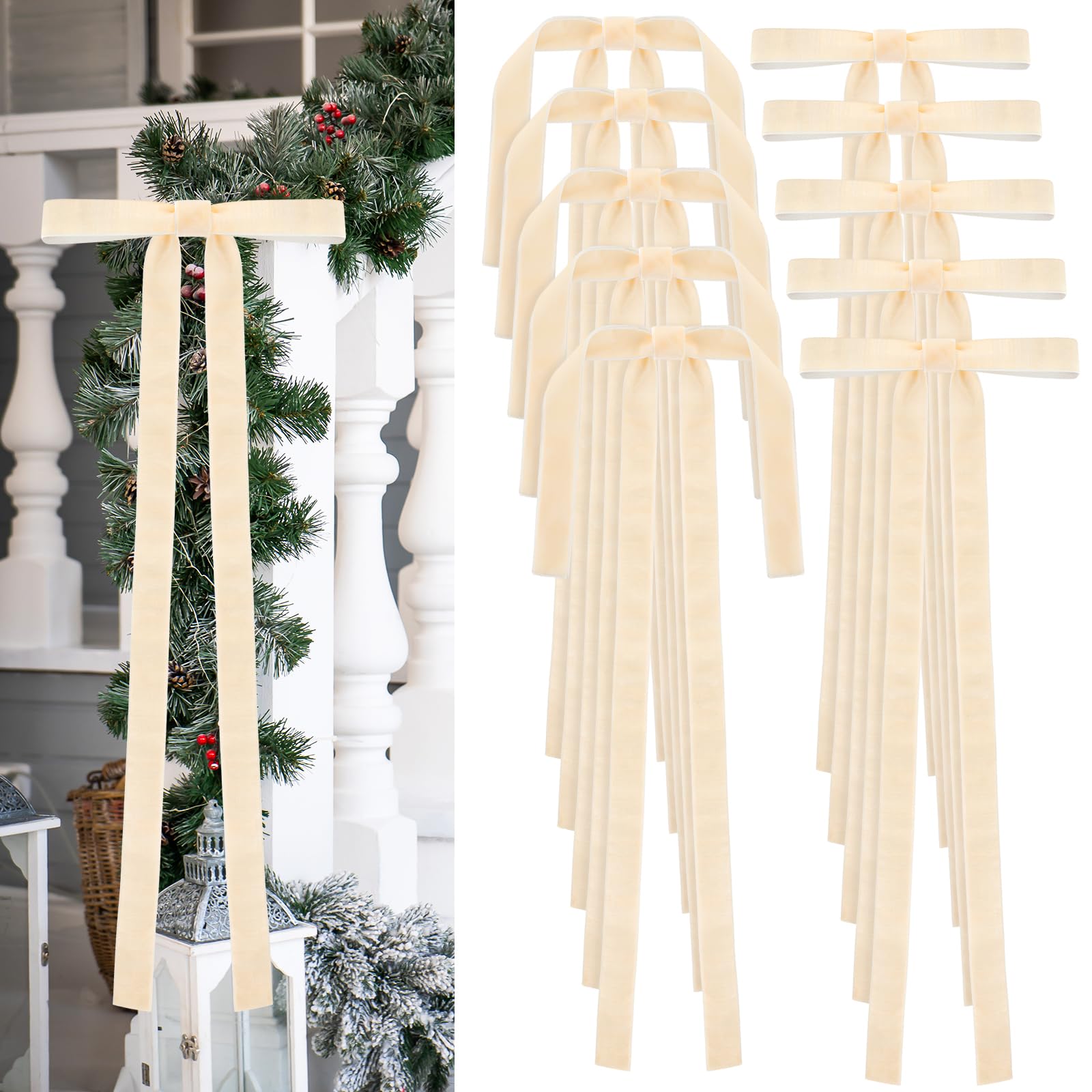 Photo 1 of 10PCS Long Champagne Velvet Bows for Christmas Tree, Long Bow Ornaments for Christmas Tree Wreath Door Garland Home Decor Outdoor Indoor
