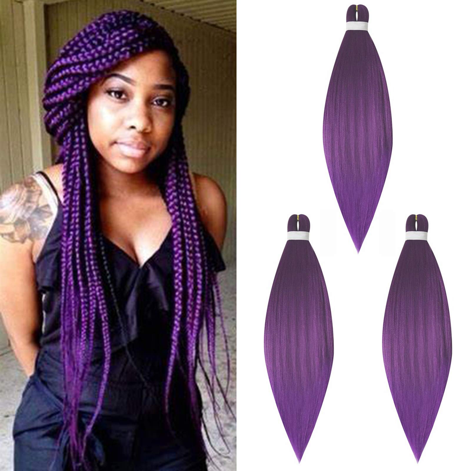 26" Pre Stretched Braiding Hair Extensions EZ Easy Braid Professional Hair Synthetic Fiber 3 Bundles Crochet Twist Yaki Texuture Hot Water Setting Long Soft, Purple