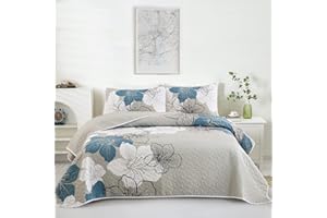 Drucon Floral Quilt Set King 3 Pieces Boho Blue Floral Quilt Coverlet Set Soft Microfiber Lightweight Grey Quilted Bedspread for All Season 104"x90"