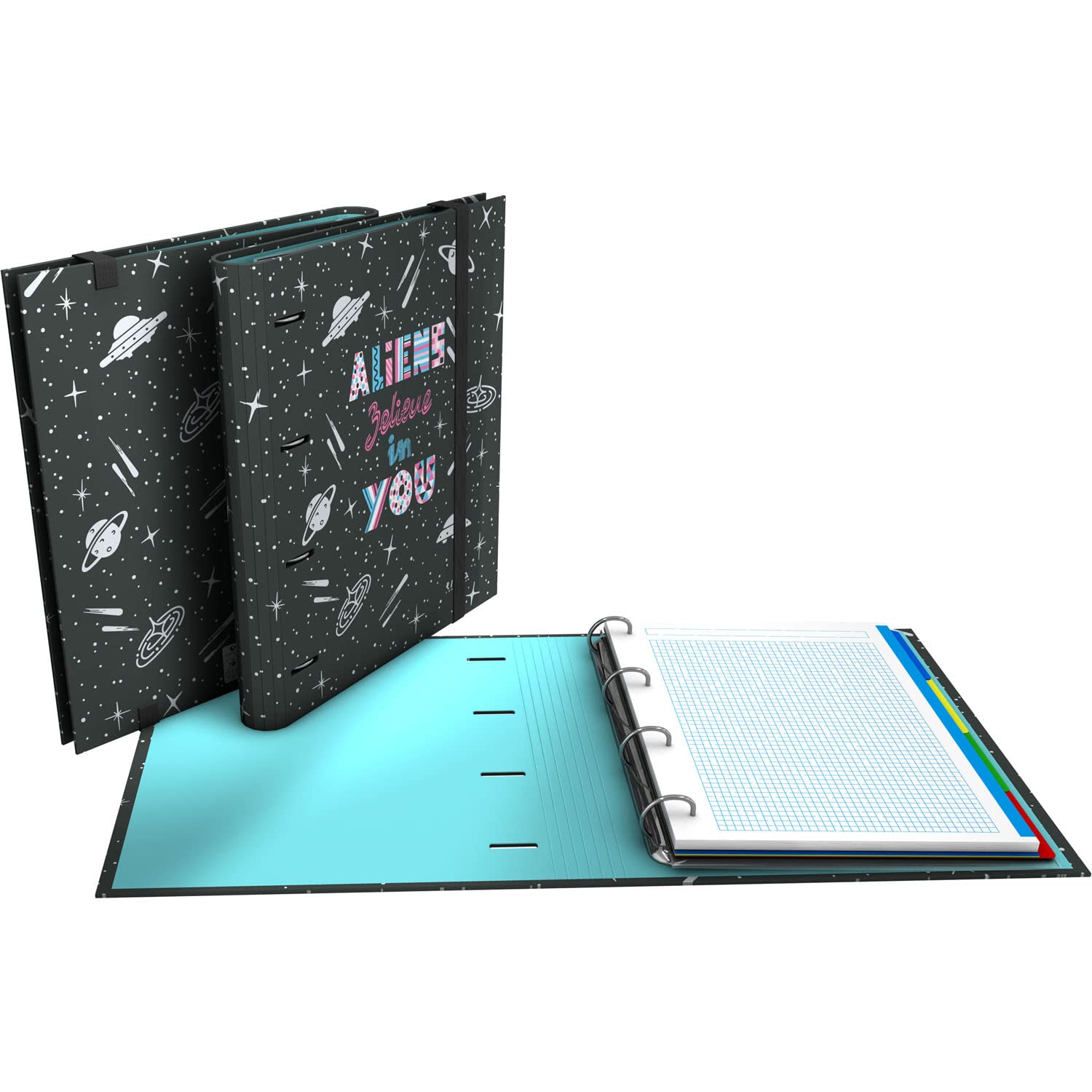 Grafoplás | 4 Ring Binder with Refill | A4 | Includes 100 Grid Sheets 5x5 | Dividers | Transparent Envelope | Elena Corredoira | Aliens | Carpebook | FSC