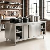 Stainless Steel 40&times;19&times;32 in Commercial Prep Work Table | Stainless steel workbench supports 1100 lbs, sliding doors and adjustable legs for kitchen and commercial use