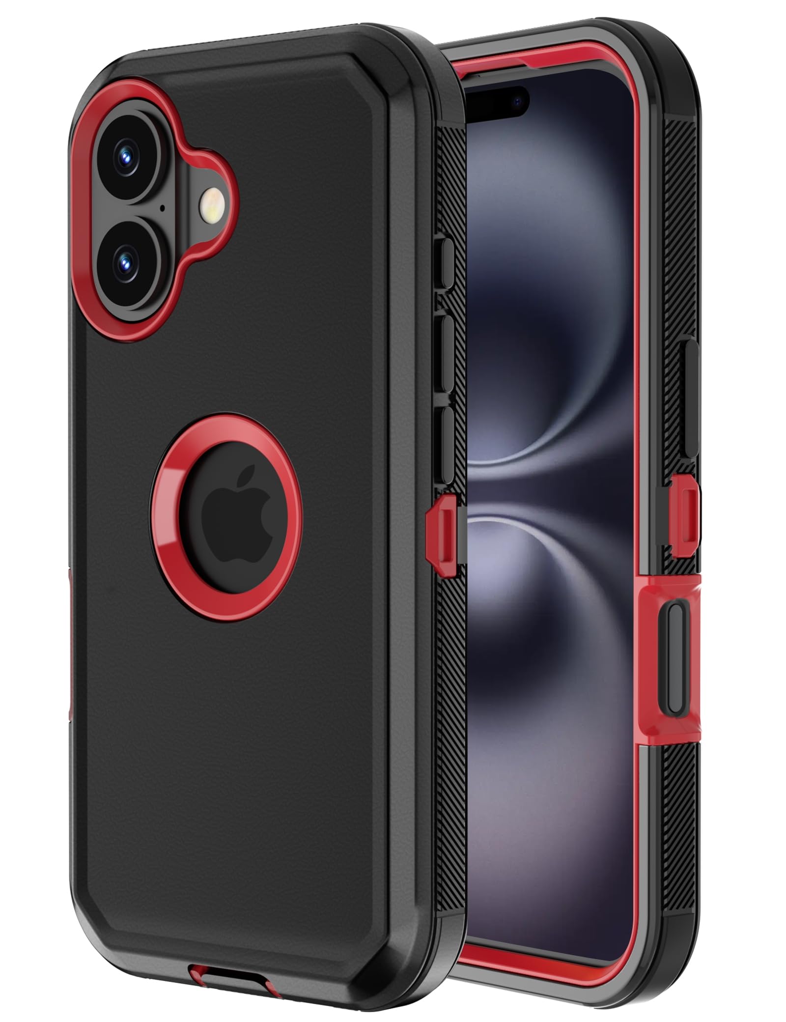Jiunai for iPhone 16 Plus Case Heavy Duty Strong Shockproof Port Protection Dustproof Screenless Dual Layer Bumper Protective Cover Rugged Phone Case for iPhone 16 Plus 6.7'' Men Women Black Red