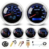 MH 6 AUTO Boat Gauge Set - 3-3/8" 80MPH &amp; 120KM GPS Speedometer, Tachometer, 2-1/16" Oil Pressure Gauge, Fuel Level, Water Temperature, Voltmeter Alarm Marine Meter Kit with Sensor (Black and Silver)