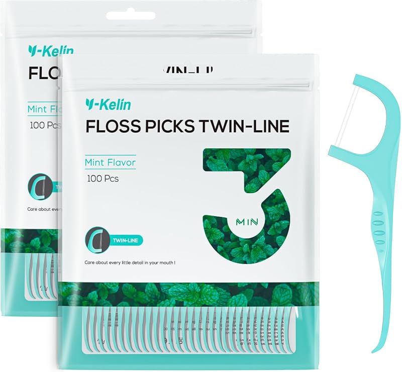 Y-Kelin Twin-Line Dental Floss 200 Pcs Mint Flavor Teeth Cleaning Picks