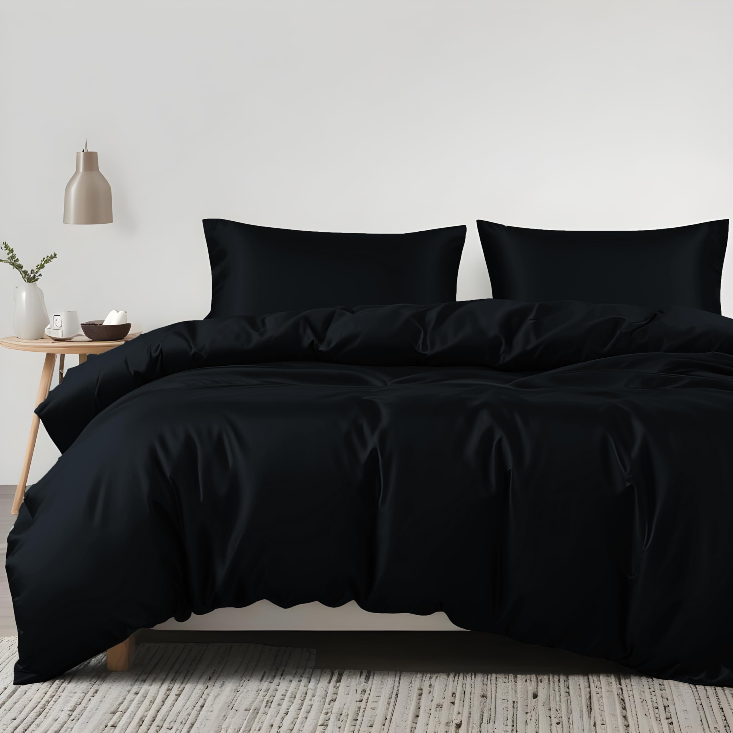 LINENWALAS 100% Eucalyptus Silk Duvet Cover Set, Luxury Tencel Lyocell Cooling Duvet Cover Set, Softer than Egyptian Cotton, Natural Moisture Wicking, Anti-Allergy Quilt Cover (Single, Jet Black)