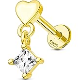 Jewseen 925 Sterling Silver 16G Cartilage Earring Internally Threaded Flat Back Earrings Heart Tiny Nose Studs Dangle CZ Helix Conch Tragus Piercing Jewelry Gold Lip Ring Labret Studs for Women