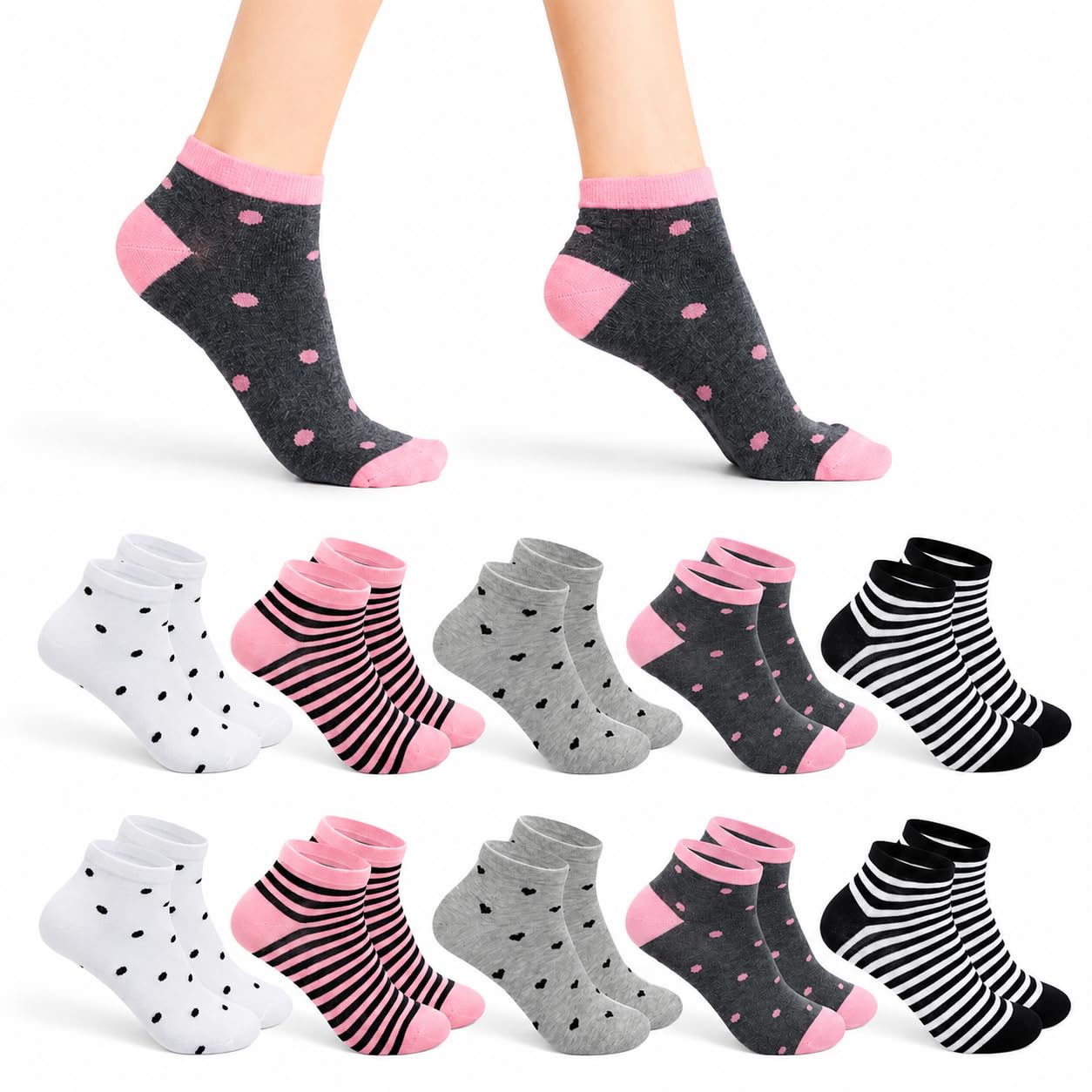 Soleeya 10 Paar Sneaker Socken Damen 39-42, Baumwolle Füßlinge Damen mit Streifen Punkte Herzen, Atmungsaktive Kurz Sportsocken Teen Mädchen Wandersocken Sommer Sneakersocken für Alltag
