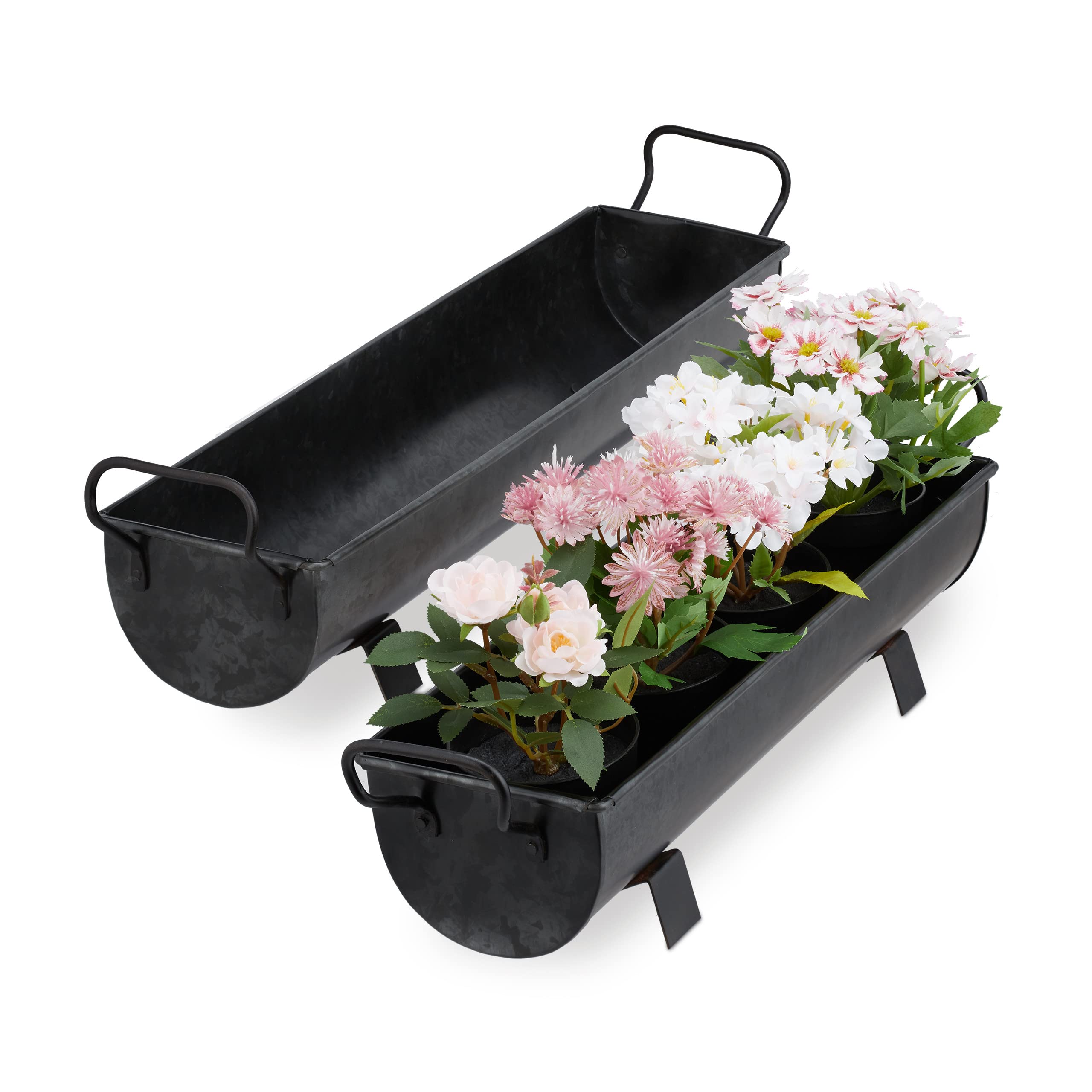 Relaxdays Window Box Gutter, Planter Garden & indoors, Set Of 2 Metal Tubs For Plants, Zinc Look, Anthracite