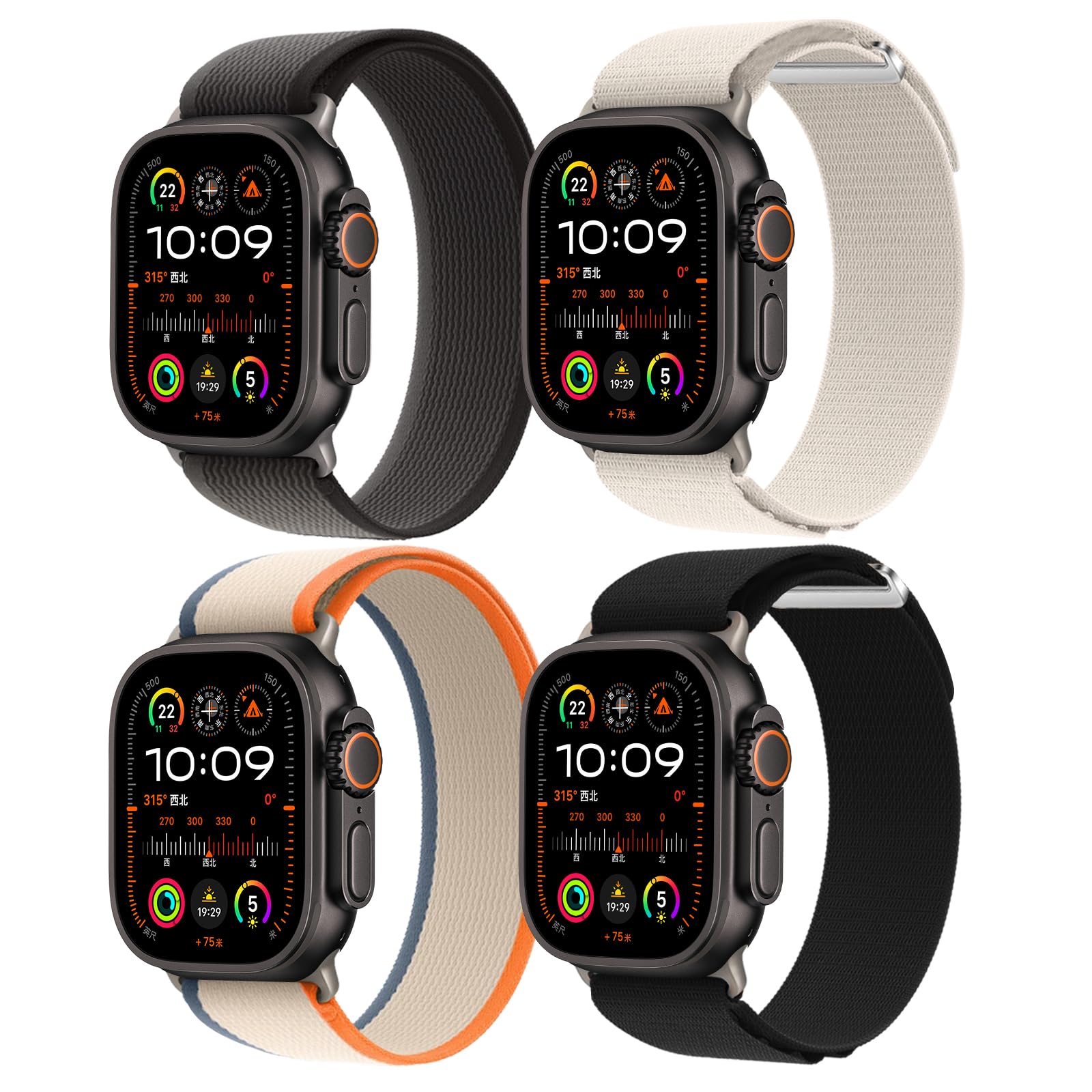 Photo 1 of 4 Pack Nylon Bands Compatible with Apple Watch Ultra 2/Ultra Band 49mm 46mm 45mm 44mm Men Women, Sport Breathable Trail Loop+Alpine Loop Bands Replacement for iWatch Series 10 9 8 7 6 SE 5 4 3 2 Ultra