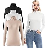Femdouce Womens Turtleneck Long Sleeve Shirt Lightweight Slim Pullover Basic Undershirts Active Turtle Neck T-Shirts 2 Pack
