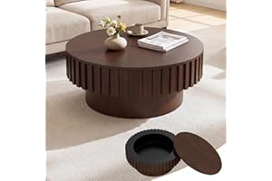 Giantex Round Coffee Table with Storage, Modern Drum Fluted Center Table with Solid Wood Veneered, Unique Circle Wood Coffee 