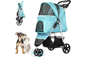 LPOTIUS Dog Stroller for Small Dogs, Portable Pet Stroller for Cats Folding Puppy Stroller Lightweight Dog Cat Cage Jogger Stroller with Storage Basket and Cup Holder, 3 Wheels, Polka Blue