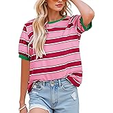 NILOINE Womens Summer Tops Striped Color Block Short Sleeve T-Shirts Color Block Crewneck Casual Loose Basic Tee Blouses