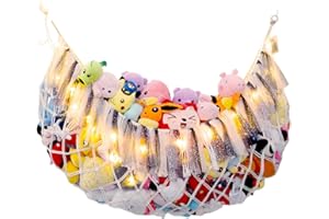 AMDERMI Large Stuffed Animal Net or Hammock with Light Wall Hanging Organizer for Kid Room Toy Storage Net Bedroom Playroom Plush Toy Holder-Cream