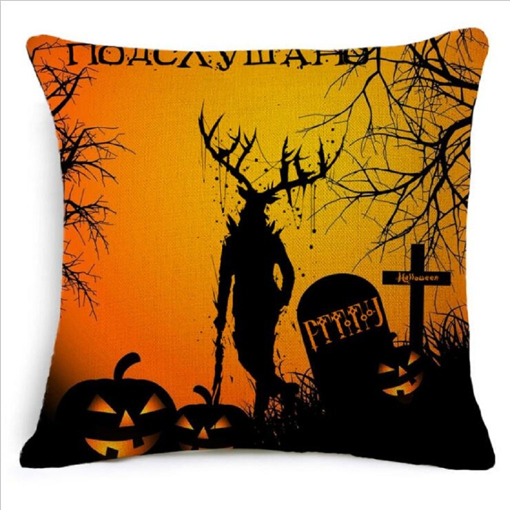 Decorative Square Throw Pillow Case Cushion Cover Bat Pumpkin Happy Halloween,Pumpkin,Horror House,Witch, Grave yard 4Pcs pack