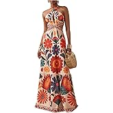 Floerns Women's Summer Floral Maxi Dress Cut Out Halter Backless Boho Beach Vacation Dresses