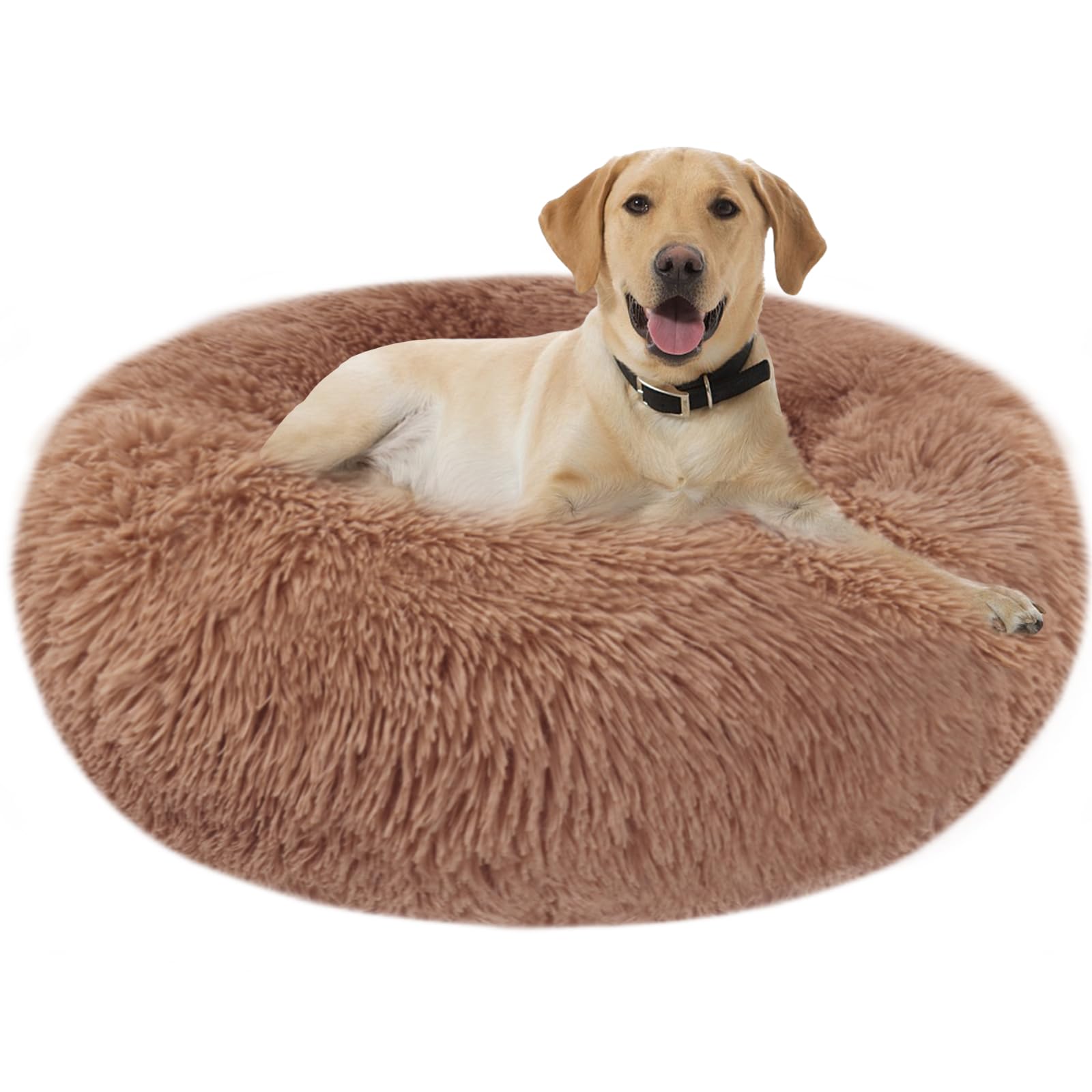 Nepfaivy Calming Dog Cat Donut Bed - 27.5in Fluffy Plush Puppy Kitten Cuddler Round Bed, Warm and Soft Pet Cosy Anti Anxiety Beds with Non-Slip Bottom and Washable (XL-70CM, Coffee)