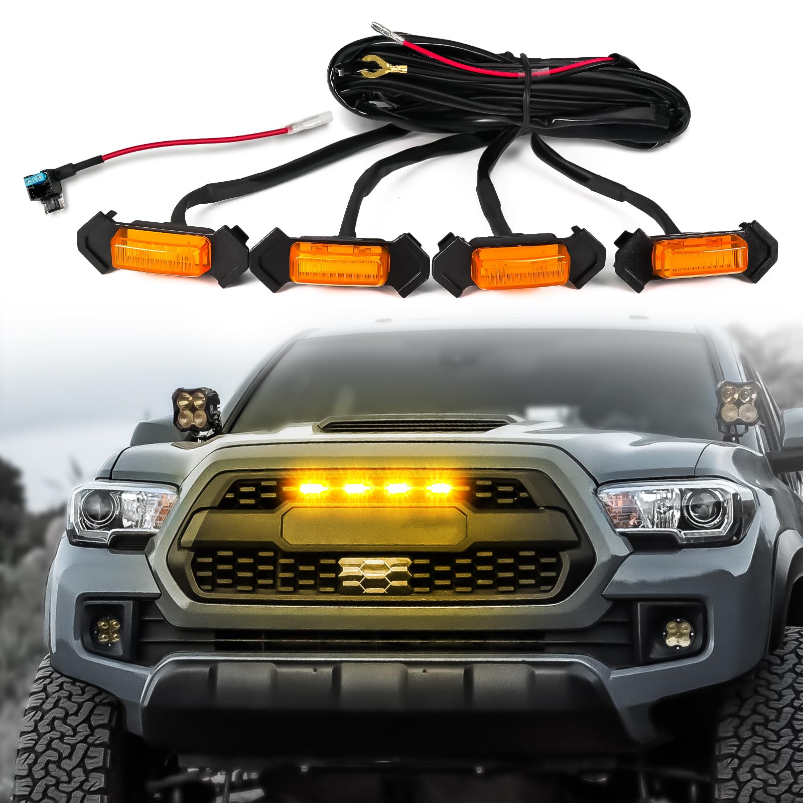 Photo 1 of OPT7 4PCS Front LED Grille Lights for Tacoma TRD 2016-2023, with Wire Harness and Fuse Tap, Amber Grill Light, Truck Accessories