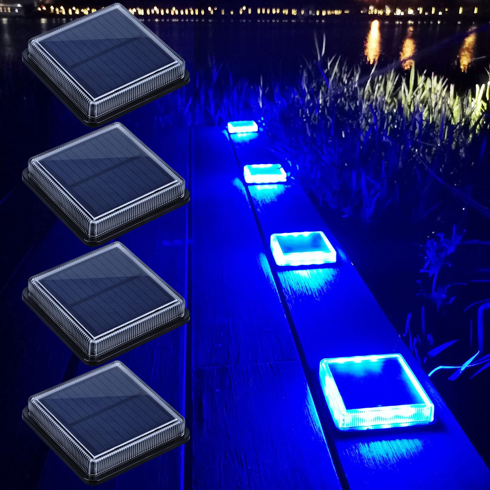 Lacasa Blue Solar Deck Lights, 4 Pack Auto On/Off Driveway Walkway LED Dock Lights, Big Solar Panel Powered IP68 Waterproof Step Lights, Outdoor Warning Lamp Road Markers, for Garden Yard Pathway
