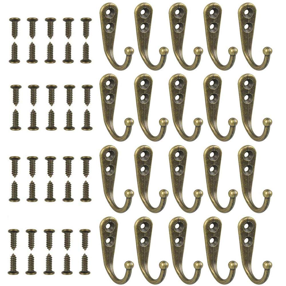 Antique Hooks, 20 Pcs Single Coat Hooks, Retro Style Single Hook Design Antique Hat Wall Mounted Hook for Kitchen, Bathroom, Bedroom - Bronze(Mounting Screws Provided)