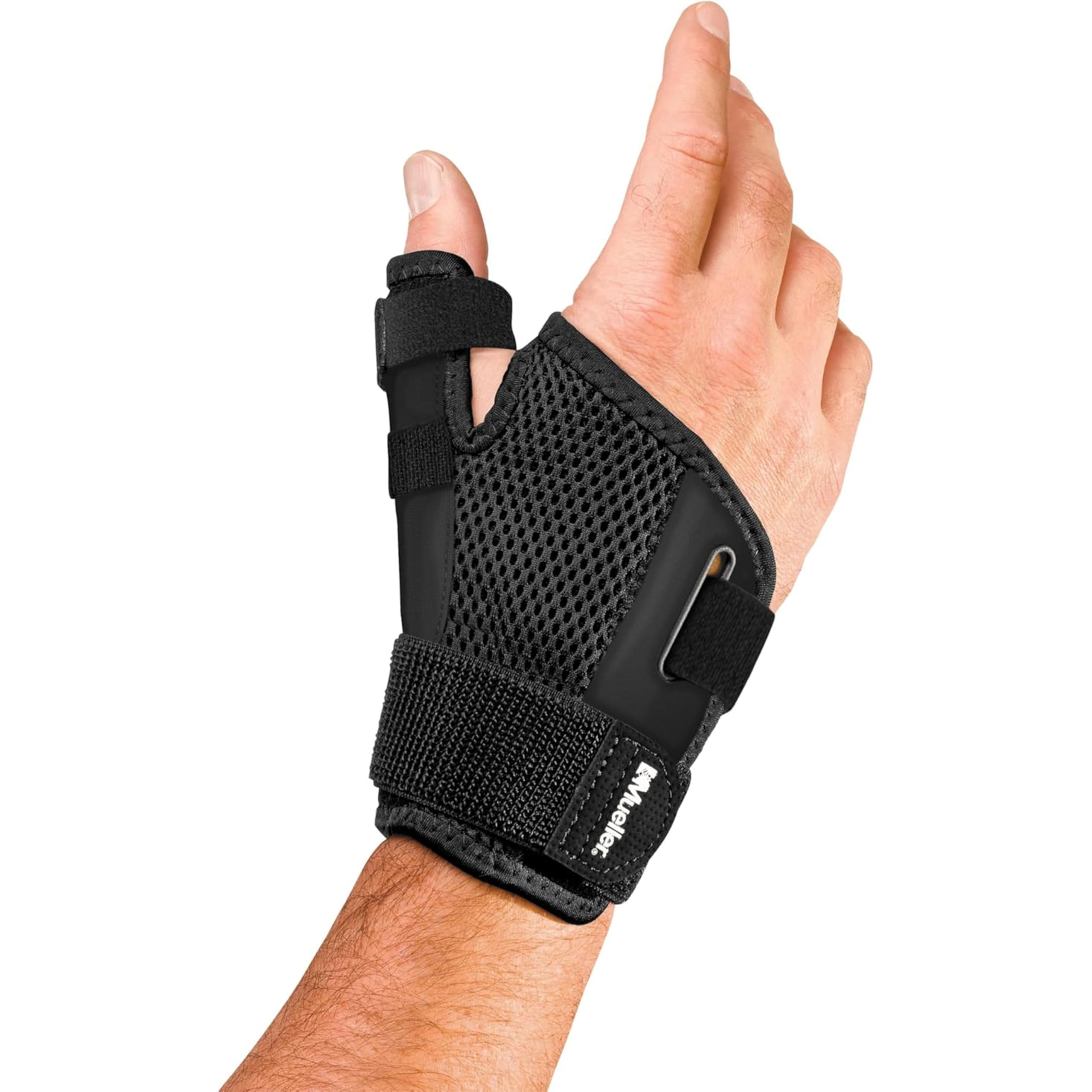 Photo 1 of MUELLER Sports Medicine Adjust-to-Fit Thumb Brace, Spica Splint, Thumb Pain Relief Stabilizer for Men and Women, Ideal for De Quervain's Tenosynovitis, Arthritis, Sprains, Fits Right or Left, Black, One Size